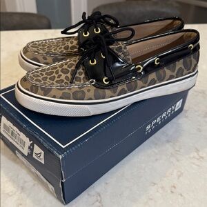 Sperry Leopard Patterned Boat Shoes with Black and Gold Accents